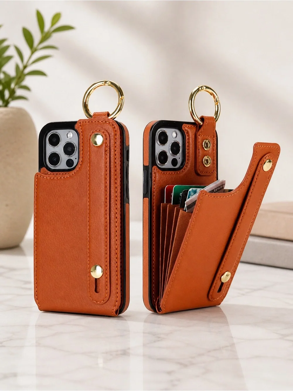 iPhone 12/12 Pro Wallet Case Brown Card Holder Wrist Strap Faux Leather